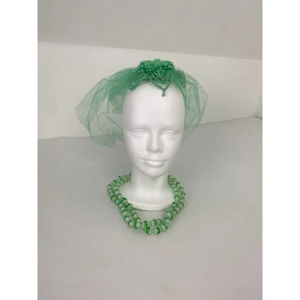 Vintage 40s 50s Wedding Veil & Headpiece & Beads West Germany Seafoam Green